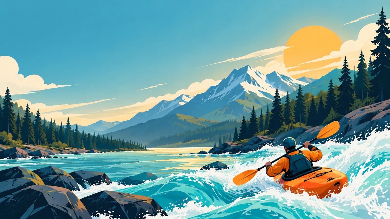A kayaker paddling a whitewater river below snow-capped mountains